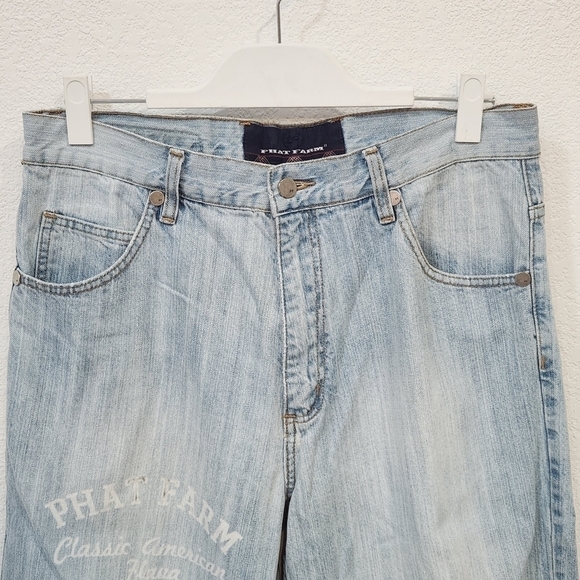 PHAT Farm Y2K Baggy Wide Pipe Leg Skater Light Blue Denim Mens Jeans 34x33 - Picture 2 of 13
